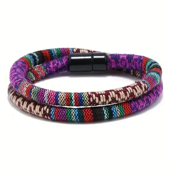 Black Stainless Steel Rope Bracelet Unisex Handmade Double Layer Purple Colors - Picture 2 of 5